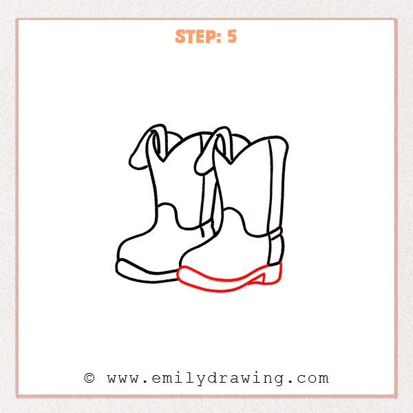 how to draw a cowboy boots - Step 5 of how to draw cowboy boots adds the second boot’s sole line, thicker heel block, and a small triangular heel notch for the classic shape.
